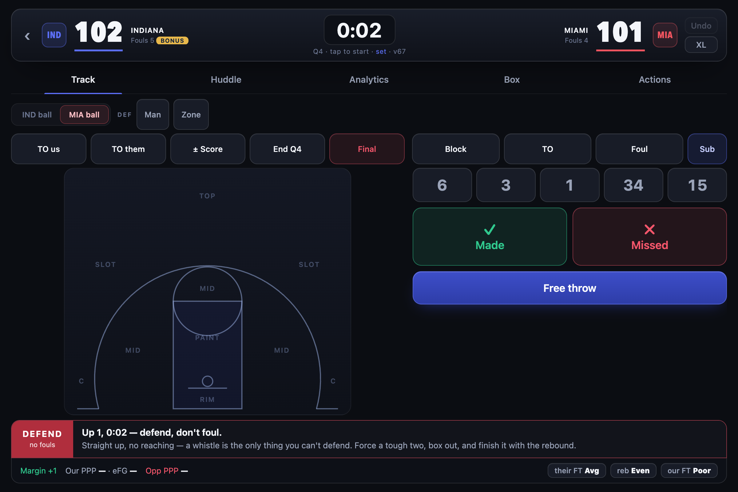 Courtside AI console recreating the 2013 Eastern Conference Finals Game 1 — Pacers up 1 with 2 seconds, advisor reading DEFEND: defend, don't foul