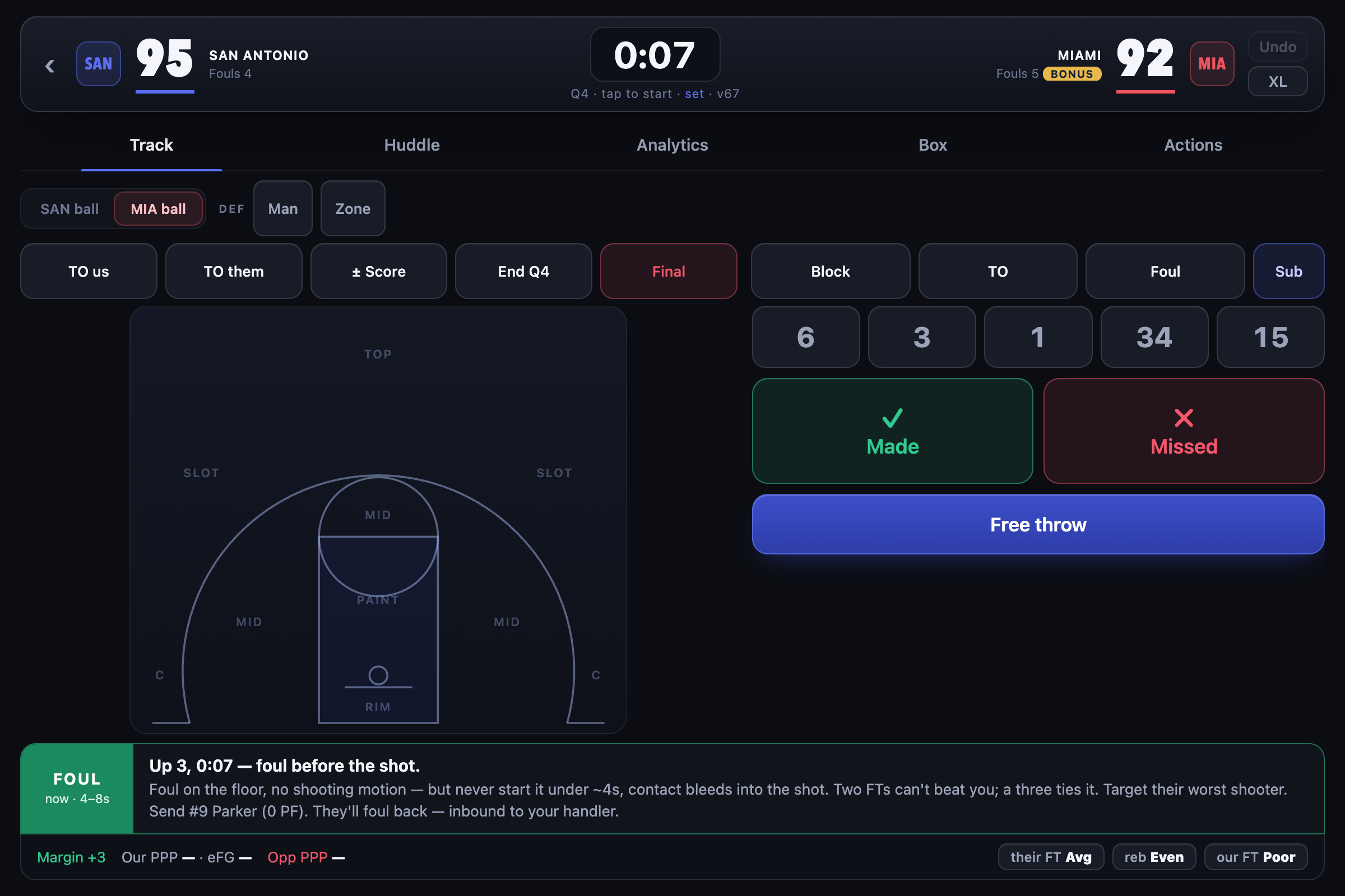 Courtside AI console recreating the 2013 Finals Game 6 — Spurs up 3 with 7 seconds, advisor reading FOUL: foul before the shot